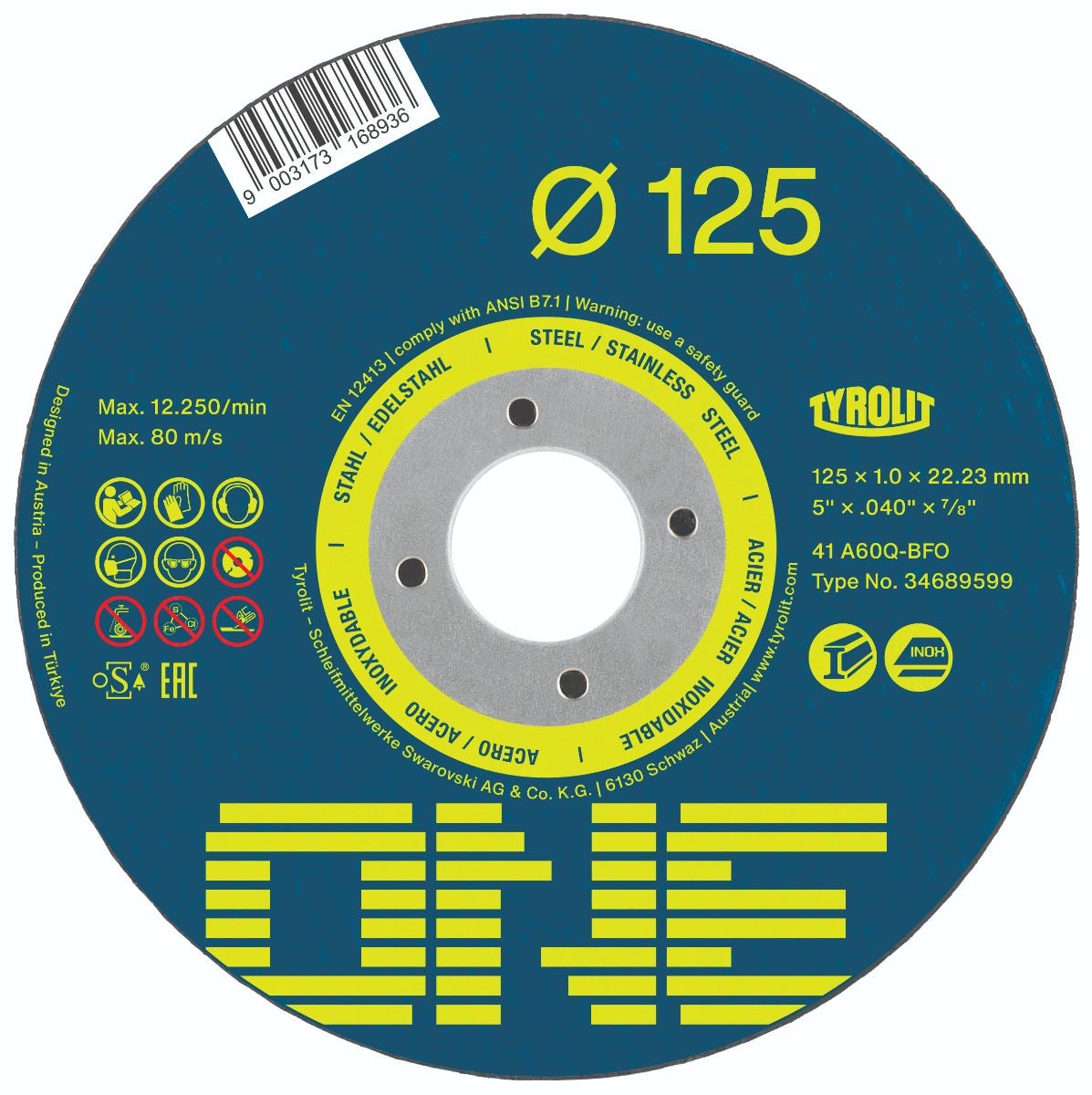 125x1.0x22 Tyrolit One Flat Cutting Disc (Steel&Inox)A60Q 34689599)