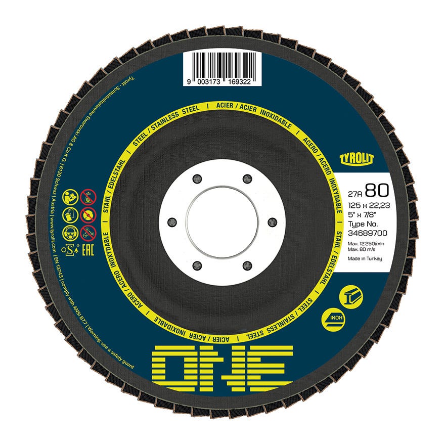 125x22 Tyrolit One Flap Disc 80 Grit (Steel&Inox)(34689700)