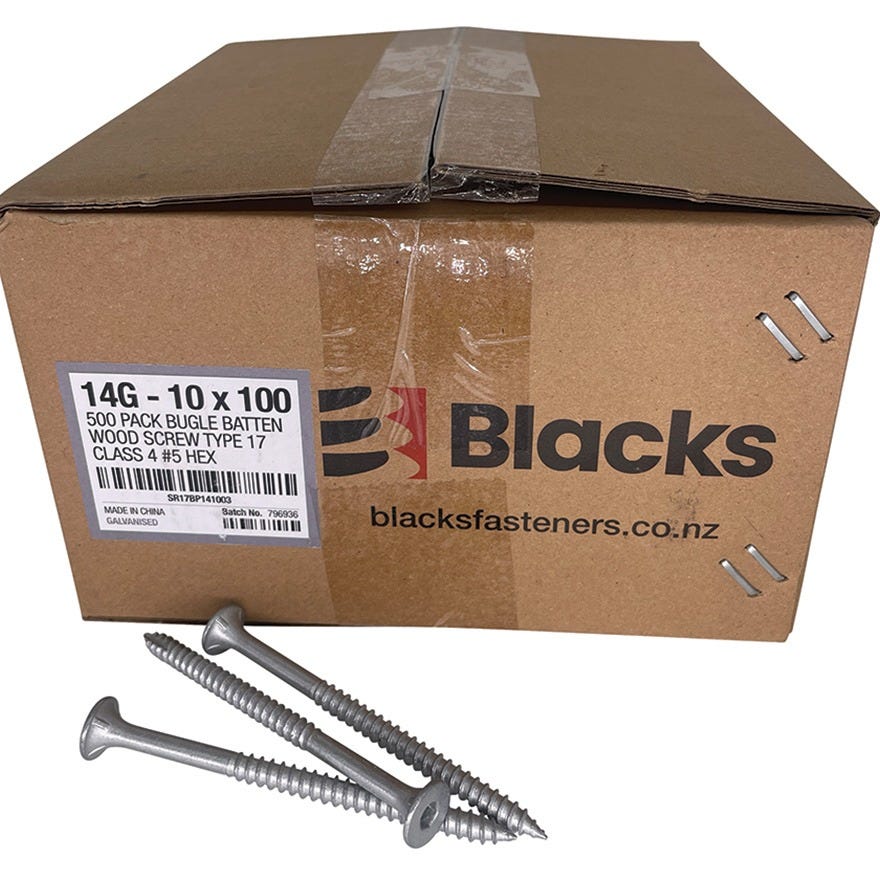 14G-10x100 - (500 Pack) Bugle Batten Wood Screw Type 17 Class 4 #5 Hex